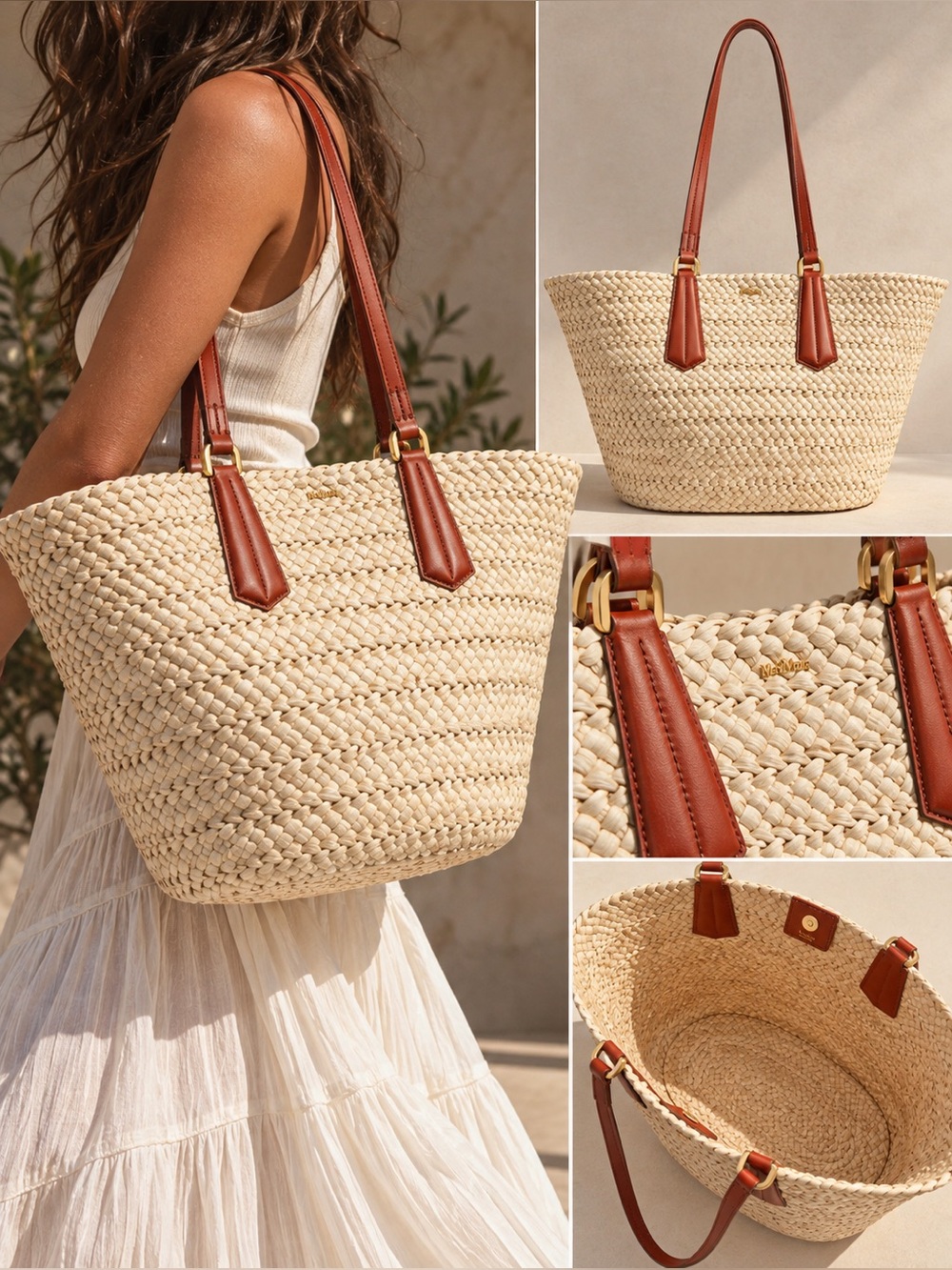 Max Mara Panier XL Straw Leather Tote Bag $795